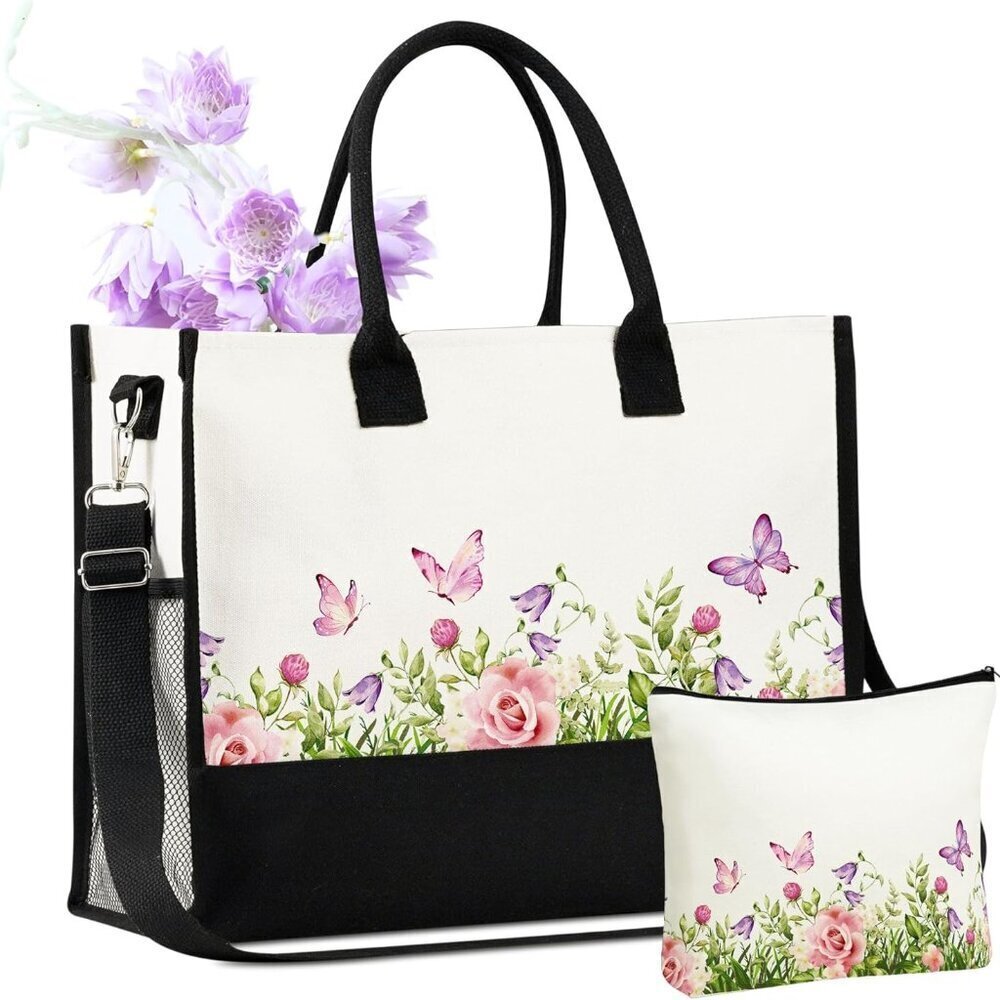 Women Canvas Tote Bag 17x6.5x12in Zipper Shoulder Bag Travel Work New